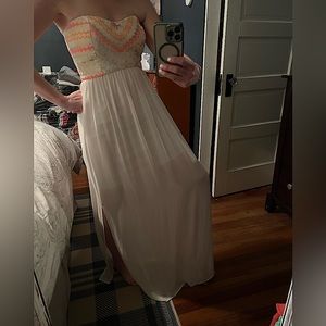 Minuet Strapless Dress Fluorescent Print on top with Off White/Sheer Long Skirt